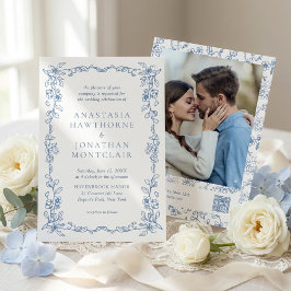Elegant French Blue Vintage Photo QR Code Wedding 招待状
