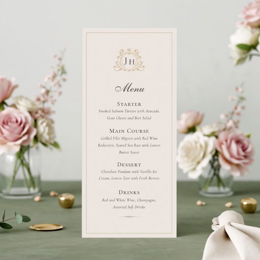 Elegant French Château Monogram Wedding Menu Card メニュー