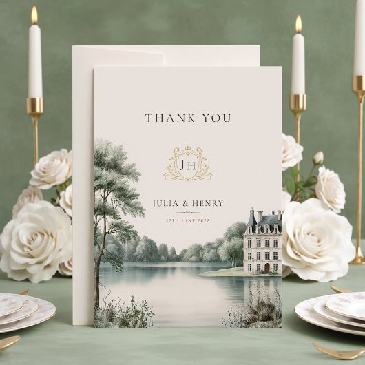 Elegant French Château Monogram Wedding Thank You サンキューカード