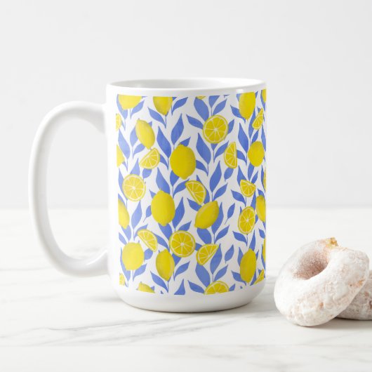 Elegant French Country Lemon Blue Botanical コーヒーマグカップ (ドーナツ)