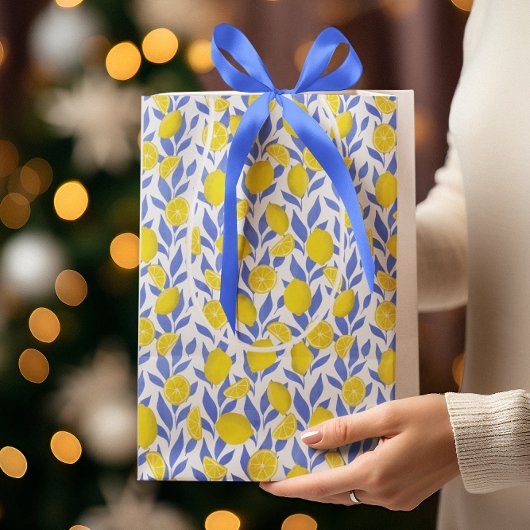 Elegant French Country Lemon Blue Botanical ミディアムペーパーバッグ