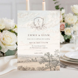 Elegant French Country Toile Monogram Wedding 招待状