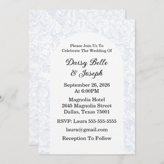 Elegant French Floral Blue 招待状 (正面/裏面)
