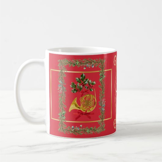 Elegant French Horn Christmas Cherry Red コーヒーマグカップ (左)