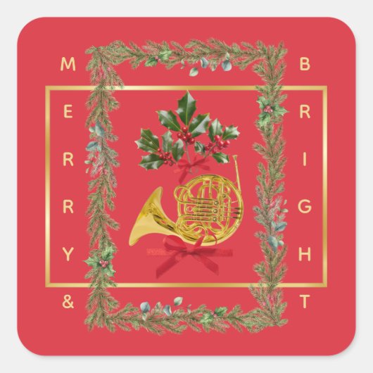 Elegant French Horn Christmas Cherry Red スクエアシール (正面)