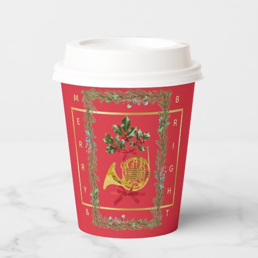Elegant French Horn Christmas Cherry Red Paper Cup 紙コップ (正面)