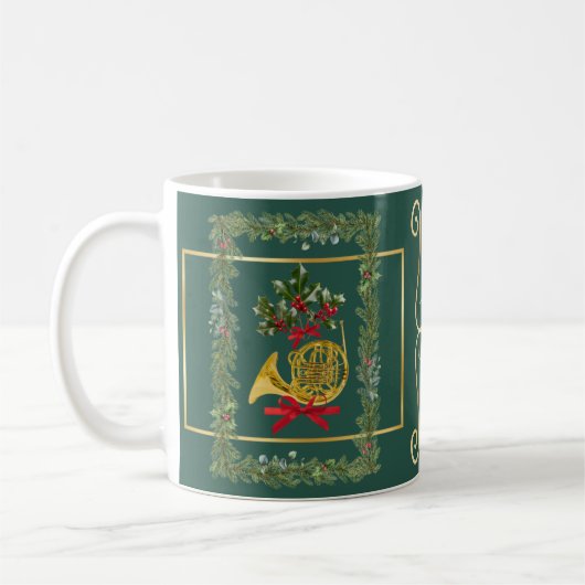 Elegant French Horn Christmas Dark Green コーヒーマグカップ (左)
