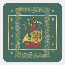 Elegant French Horn Christmas Dark Green スクエアシール