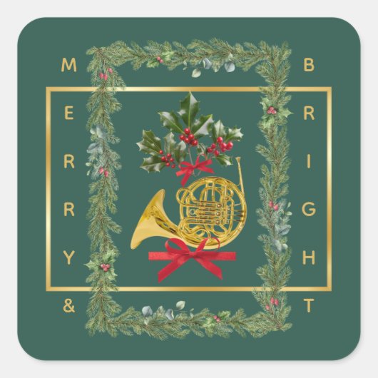 Elegant French Horn Christmas Dark Green スクエアシール (正面)