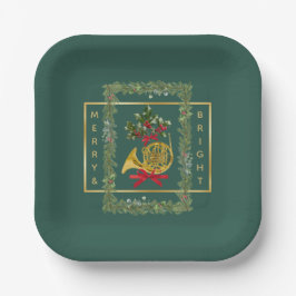 Elegant French Horn Christmas Dark Green ペーパープレート