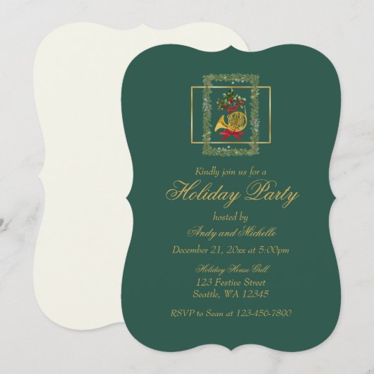 Elegant French Horn Christmas Dark Green Flat Card (正面/裏面)