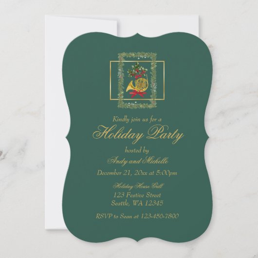 Elegant French Horn Christmas Dark Green Flat Card (正面)