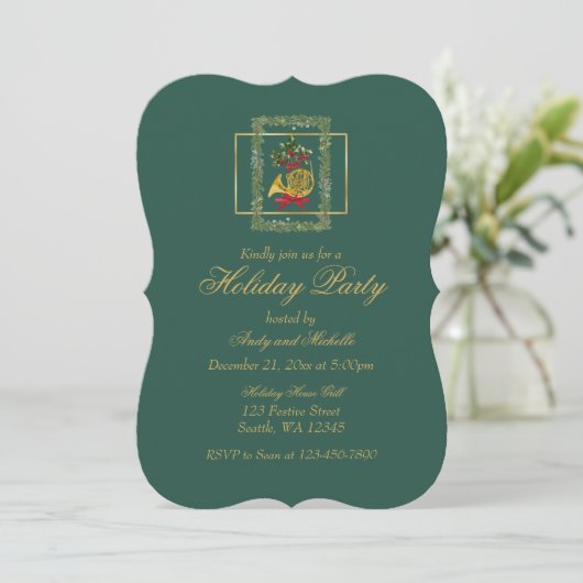 Elegant French Horn Christmas Dark Green Flat Card (スタンド正面)