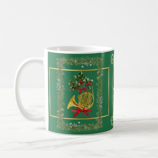 Elegant French Horn Christmas Green コーヒーマグカップ (左)