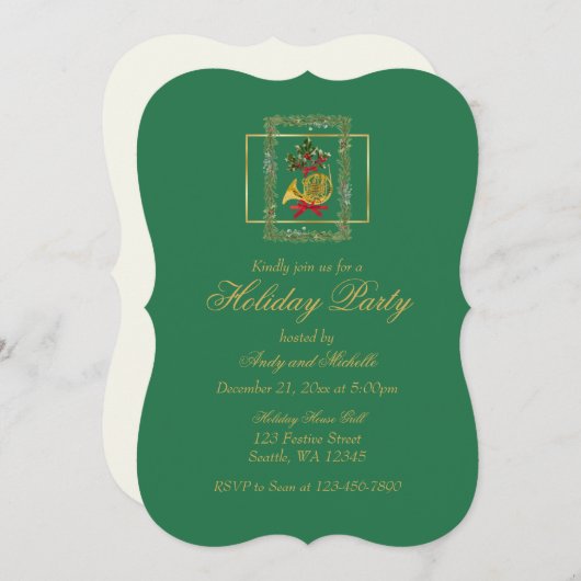 Elegant French Horn Christmas Green Flat Card (正面/裏面)