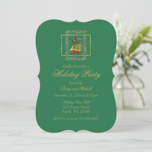 Elegant French Horn Christmas Green Flat Card (スタンド正面)