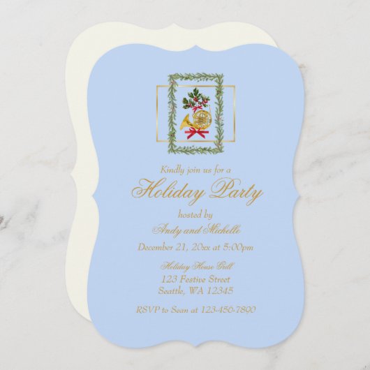 Elegant French Horn Christmas Light Blue Flat Card (正面/裏面)