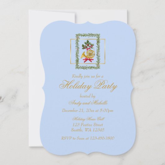 Elegant French Horn Christmas Light Blue Flat Card (正面)