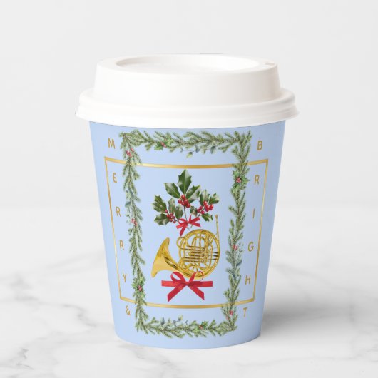 Elegant French Horn Christmas Light Blue Paper Cup 紙コップ (正面)