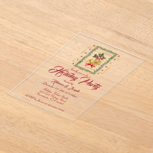 Elegant French Horn Christmas Maroon アクリル招待状 (レイダウン)