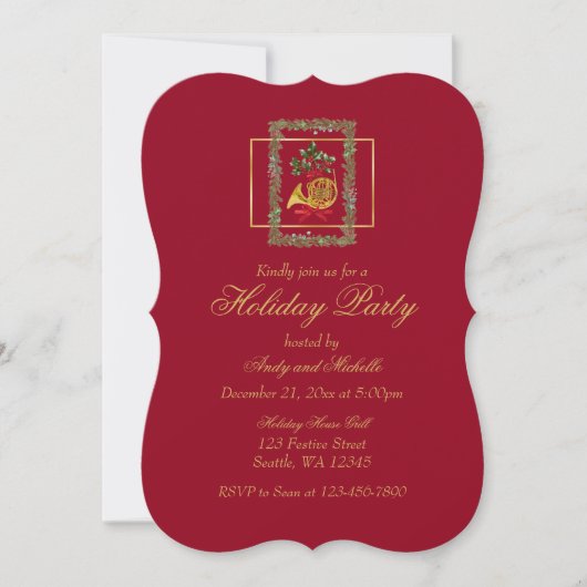 Elegant French Horn Christmas Maroon Flat Card (正面)