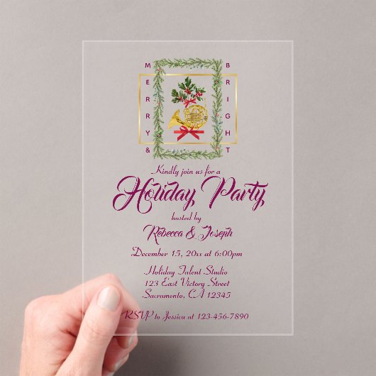 Elegant French Horn Christmas Purple アクリル招待状 (インサイチュ (ポータブル))