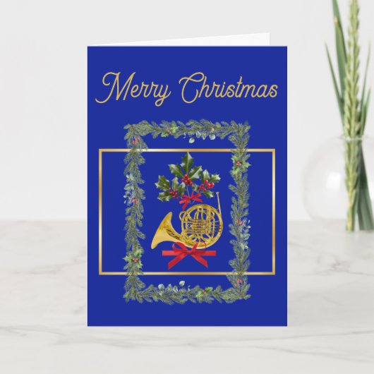 Elegant French Horn Christmas Royal Blue シーズンカード (正面)