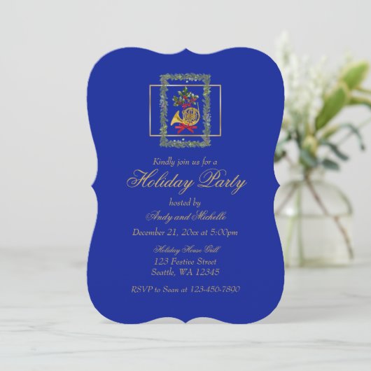 Elegant French Horn Christmas Royal Blue Flat Card (スタンド正面)
