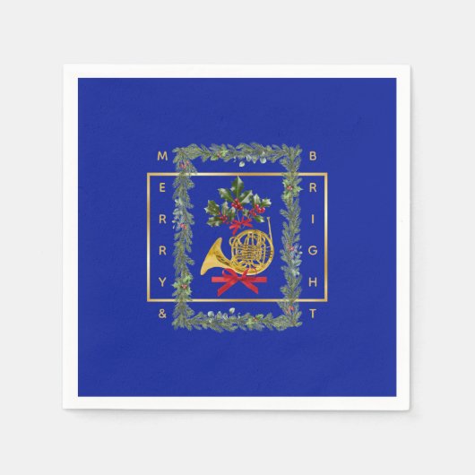 Elegant French Horn Christmas Royal Blue Paper スタンダードカクテルナプキン (正面)