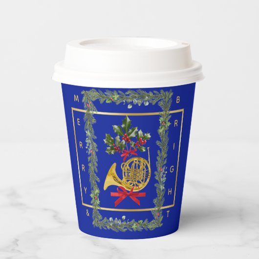 Elegant French Horn Christmas Royal Blue Paper Cup 紙コップ (正面)