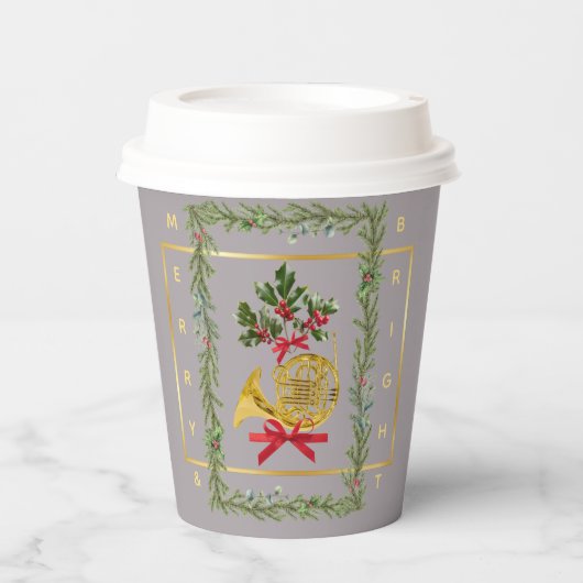 Elegant French Horn Christmas Taupe Paper Cup 紙コップ (正面)