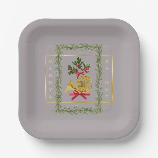 Elegant French Horn Christmas Taupe Paper Plate ペーパープレート (正面)