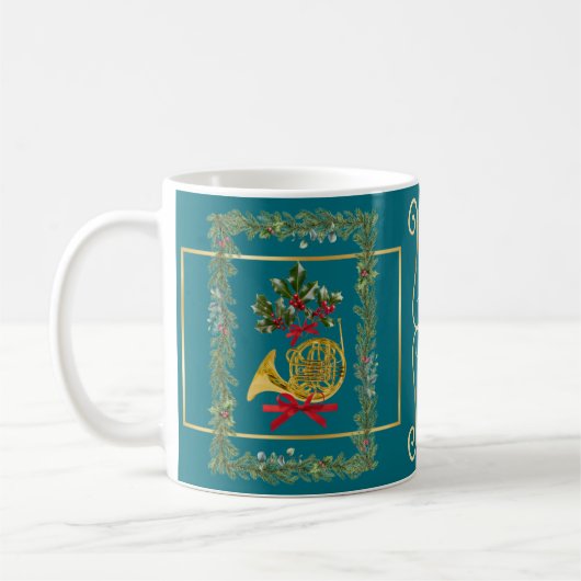 Elegant French Horn Christmas Teal コーヒーマグカップ (左)
