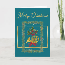 Elegant French Horn Christmas Teal シーズンカード
