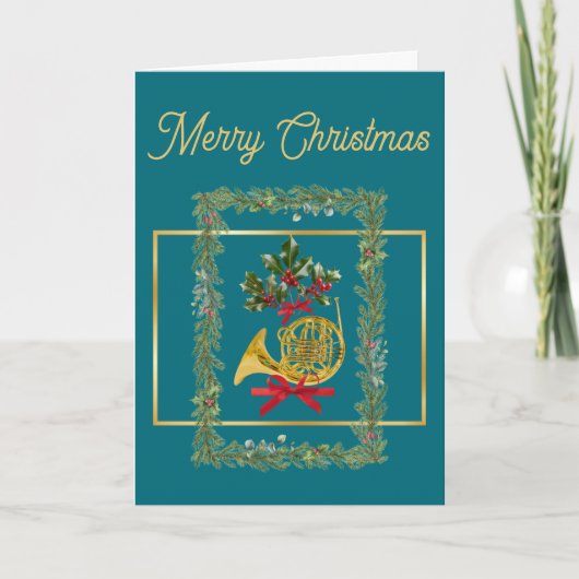 Elegant French Horn Christmas Teal シーズンカード (正面)