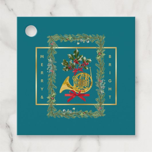 Elegant French Horn Christmas Teal フェイバータグ (正面)