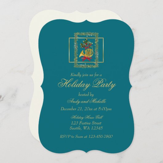 Elegant French Horn Christmas Teal Flat Card (正面/裏面)