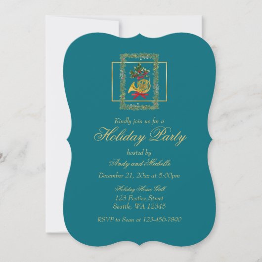 Elegant French Horn Christmas Teal Flat Card (正面)