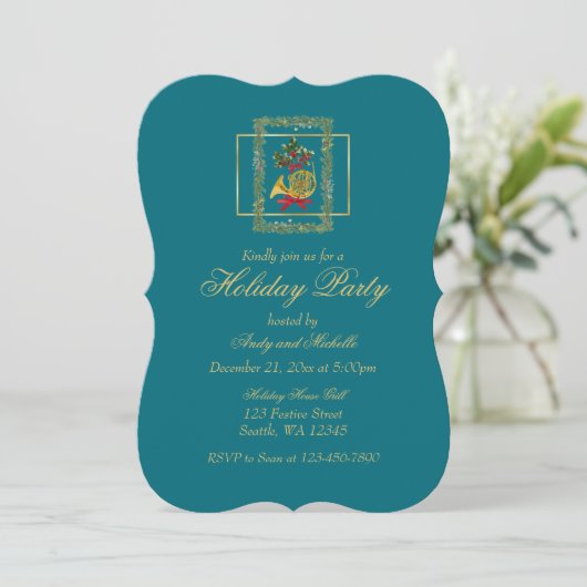 Elegant French Horn Christmas Teal Flat Card (スタンド正面)