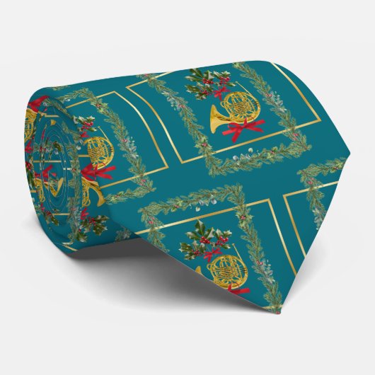 Elegant French Horn Christmas Teal Neck Tie ネクタイ (ロール)