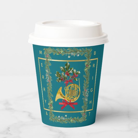 Elegant French Horn Christmas Teal Paper Cup 紙コップ (正面)