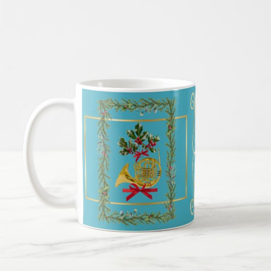 Elegant French Horn Christmas Turquoise コーヒーマグカップ (左)