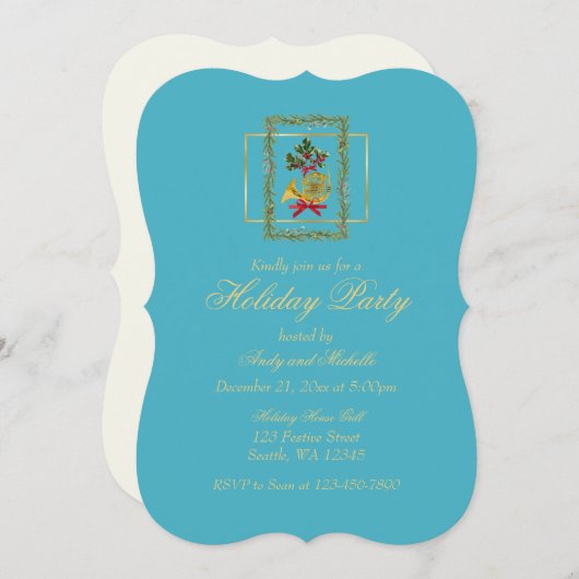 Elegant French Horn Christmas Turquoise Flat Card (正面/裏面)