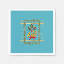 Elegant French Horn Christmas Turquoise Paper スタンダードカクテルナプキン