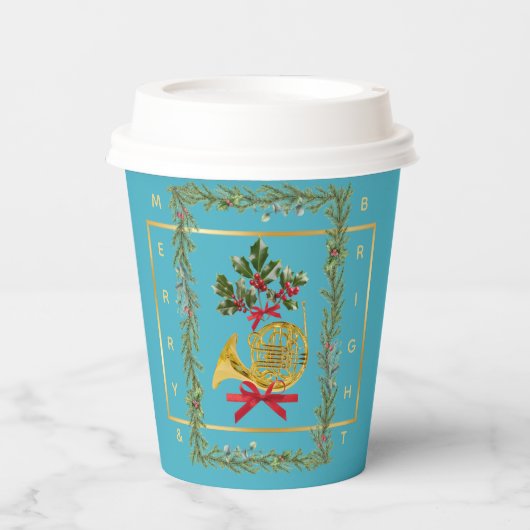 Elegant French Horn Christmas Turquoise Paper Cup 紙コップ (正面)