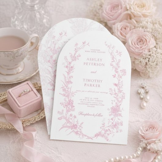 Elegant French Pink Toile Floral Wedding  招待状