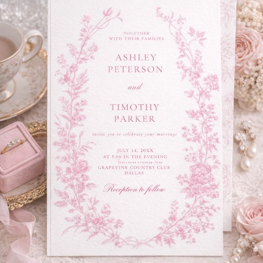 Elegant French Pink Toile Floral Wedding  招待状