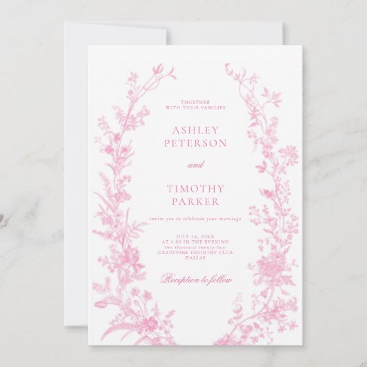 Elegant French Pink Toile Floral Wedding  招待状 (正面)