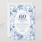 Elegant French Toile Blue Roses 60th Birthday 招待状 (正面)