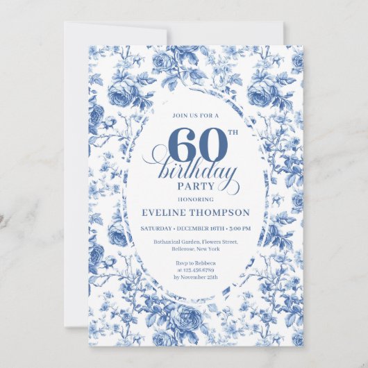Elegant French Toile Blue Roses 60th Birthday   招待状 (正面)
